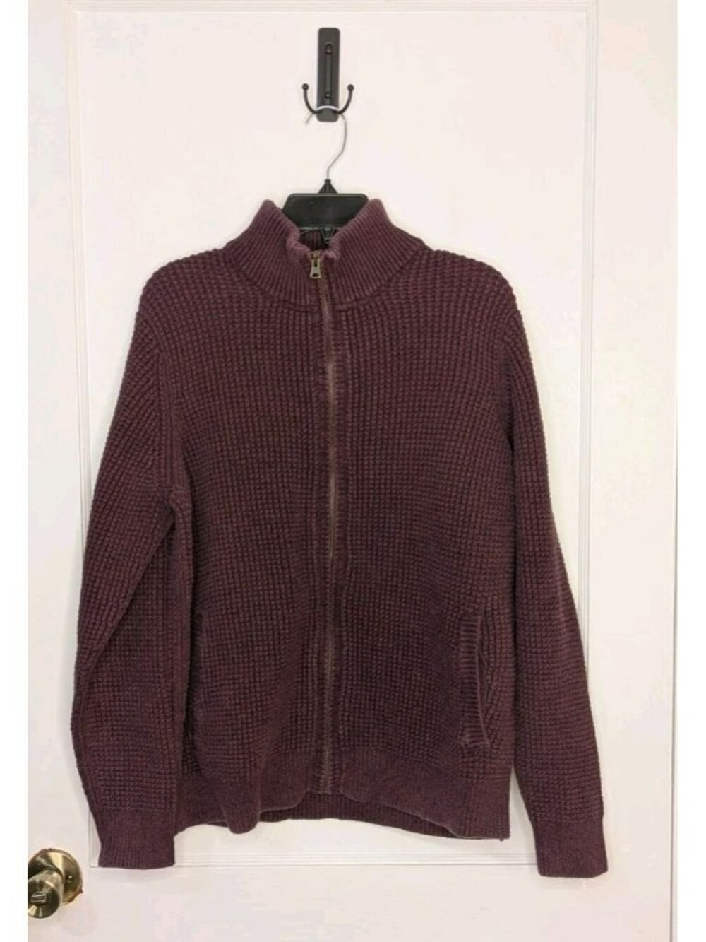 LL Bean Men's Burgundy Organic Cotton Full Zip Waffle Knit Cardigan Sweater LG